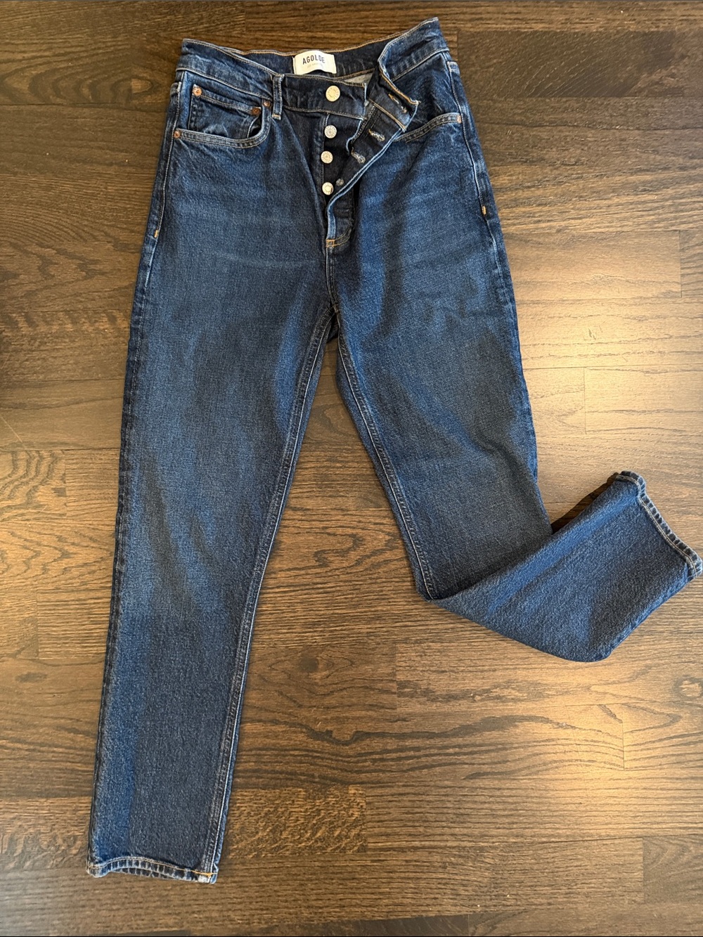 Agolde Dark Blue High-Rise Straight Jeans with Button Fly